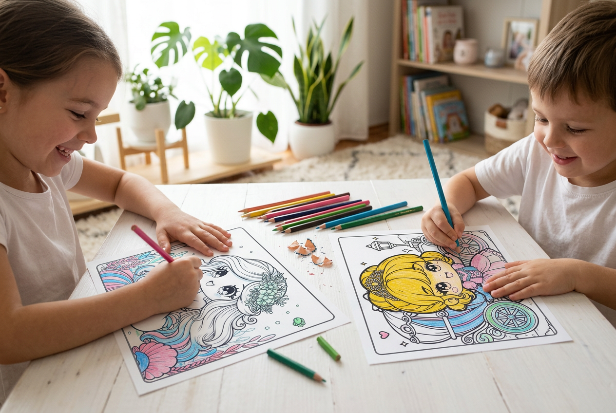 Crianças colorindo desenhos de princesa e sereia inspirados nas páginas do livro