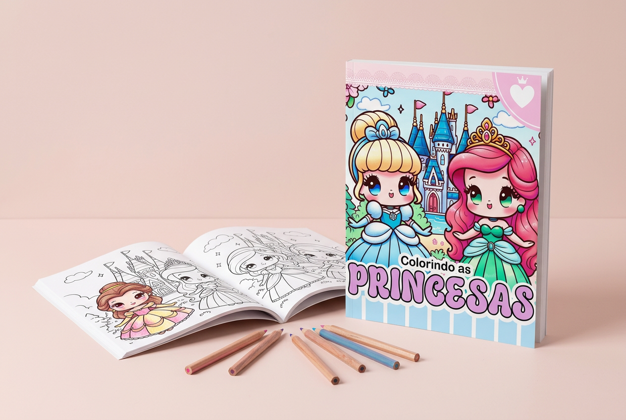 Representação do livro Princesas DGA com a capa colorida, páginas abertas e lápis de cor