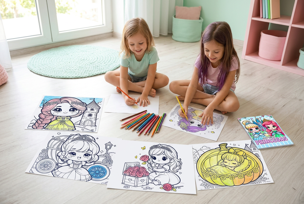 Duas crianças pintando desenhos de princesas, com páginas do castelo, carruagem, sereia, flores e abóbora espalhadas pelo chão e o livro ao lado